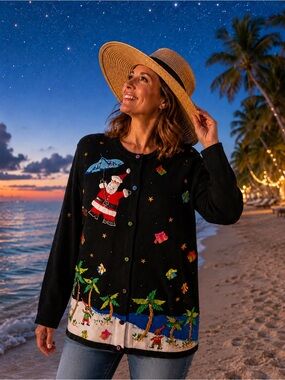 Berek Ugly Christmas Sweater Cardigan Women’s Sz M Santa Elves Palm Trees